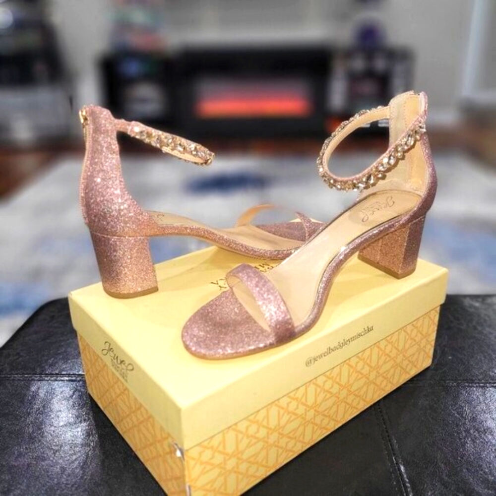 Rose Gold Badgley Mischka- Lydia Style Sparkly Bejeweled Strapped Heels- Size 10